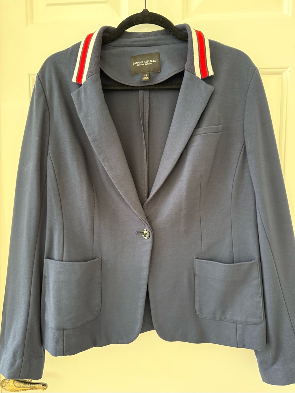 Banana Republic Navy Blazer with Red and White Stripe Collar